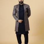 Stunning Mirror Embroidered Grey Open Sherwani with Navy Blue Kurta Pajama for Men - Father Son Combo | Jaipurio